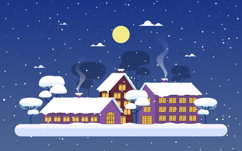 Download Иллюстрация "Snow Winter House - Illustration" / Snow Winter House - Illustration - Иллюстрация на тему графика winter,snow,tree,snowfall,city,house,landscape,illustration,vector,season,cold,december,background,village,wonderland,minimal,art,flat,holiday,home