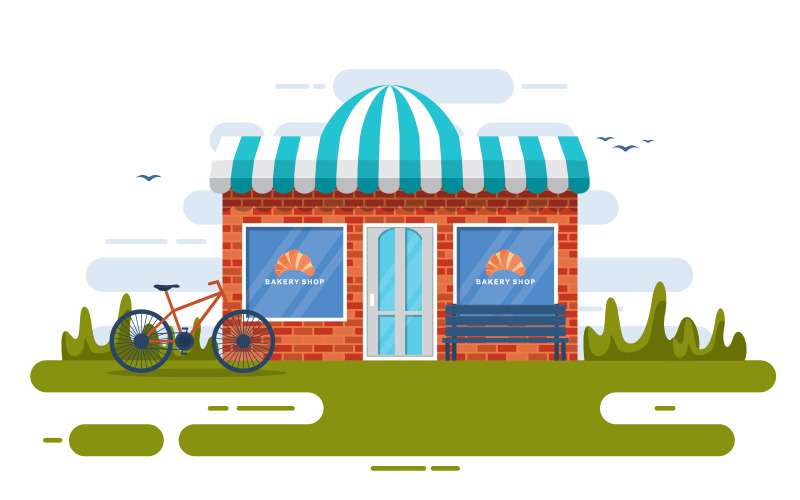 Download Иллюстрация "Store Front Bakery - Illustration" / Store Front Bakery - Illustration - Иллюстрация на тему графика showcase,bakery,shop,food,store,front,facade,cartoon,illustration,vector,business,exterior,awning,supermarket,architecture,bread,sweet,cafe,cake,dessert