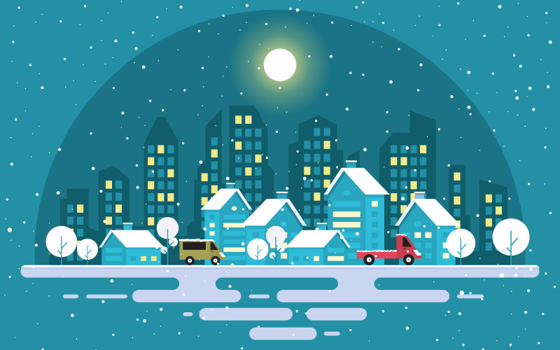 Download Иллюстрация "Winter City House - Illustration" / Winter City House - Illustration - Иллюстрация на тему графика winter,snow,tree,snowfall,city,house,landscape,illustration,vector,season,cold,december,background,village,wonderland,minimal,art,flat,holiday,home