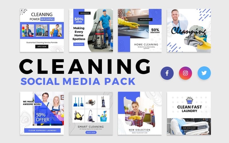 Download Шаблон для соцсетей "Cleaning Services Social Media Template" / Cleaning Services Social Media Template - Шаблон для соцсетей на тему графика cleaning,services,social,media,pack,templates,template,clean,post,banner,facebook,instagram,twitter,creative,modern