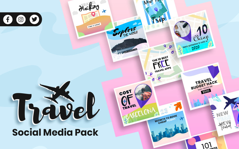 Download Шаблон для соцсетей "Travel Social Media Template" / Travel Social Media Template - Шаблон для соцсетей на тему графика travel,social,media,post,template,templates,modern,creative,banner,facebook,instagram,twitter,traveller,blog,blogger