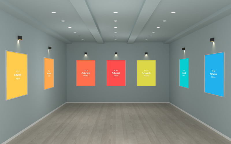 Download Мокап для продукта "Art Gallery Frames  with Spot Lights product mockup" / Art Gallery Frames  with Spot Lights product mockup - Мокап для продукта на тему графика studio,photo,light,rendering,concept,architecture,wall,mockup,interior,gallery,white,room,art,empty,space,picture,mock,up,blank,exhibition