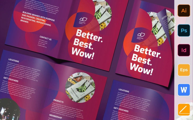 Download Фирменный стиль "Advertising Agency Brochure Bifold - Corporate Identity Template" / Advertising Agency Brochure Bifold - Corporate Identity Template - Фирменный стиль на тему графика brochure,bifold,template,corporate,company,branding,advertising,agency,promotion,marketing,ad,advertiser,blue,red,violet