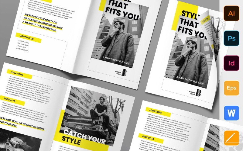 Download Фирменный стиль "Barbershop Brochure Bifold - Corporate Identity Template" / Barbershop Brochure Bifold - Corporate Identity Template - Фирменный стиль на тему графика brochure,bifold,template,corporate,company,branding,barbershop,barber,salon,hairdresser,haircut,hair,beard,white,yellow