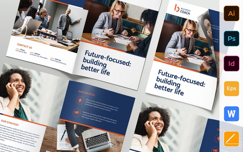 Download Фирменный стиль "Business Coach Brochure Bifold - Corporate Identity Template" / Business Coach Brochure Bifold - Corporate Identity Template - Фирменный стиль на тему графика brochure,bifold,template,corporate,company,branding,business,coach,entrepreneur,motivation,businessman,training,blue,orange,white