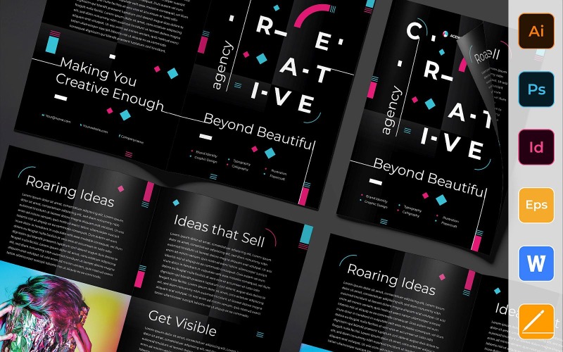 Download Фирменный стиль "Creative Agency Brochure Bifold - Corporate Identity Template" / Creative Agency Brochure Bifold - Corporate Identity Template - Фирменный стиль на тему графика brochure,bifold,template,corporate,company,branding,creative,agency,graphic,design,social,marketing,black,pink,blue