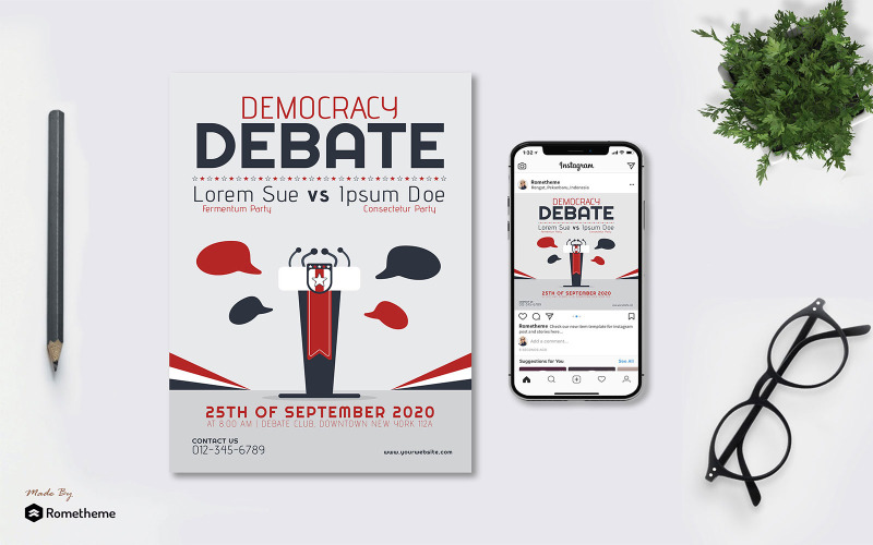 Download Фирменный стиль "Democracy Debate vol.01 - Flyer &amp; Instagram Post GR" / Democracy Debate vol.01 - Flyer &amp; Instagram Post GR - Фирменный стиль на тему графика banner,brochure,business,company,corporate,creative,debate,democracy,design,election,elegant,event,flyer,grey,illustration,invitation,modern,professional,promotion,red