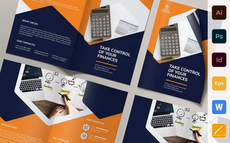 Download Фирменный стиль "Finance Consultant Brochure Bifold - Corporate Identity Template" / Finance Consultant Brochure Bifold - Corporate Identity Template - Фирменный стиль на тему графика brochure,bifold,template,corporate,company,branding,finance,consultant,entrepreneur,commerce,advisor,consulting,blue,orange,white