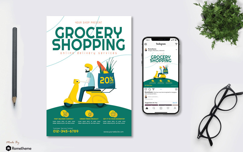 Download Фирменный стиль "Grocery Online Delivery vol.01 – Flyer &amp; Instagram Post" / Grocery Online Delivery vol.01 – Flyer &amp; Instagram Post - Фирменный стиль на тему графика a4,banner,brochure,business,delivery,flyer,fruit,green,grocery,illustration,online,promotion,services,shop,vector,yellow