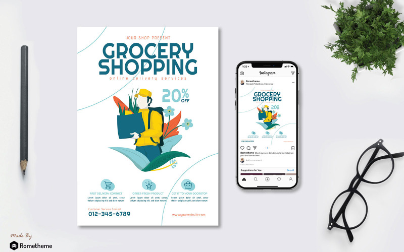 Download Фирменный стиль "Grocery Online Delivery vol.02 - Flyer &amp; Instagram Post GR" / Grocery Online Delivery vol.02 - Flyer &amp; Instagram Post GR - Фирменный стиль на тему графика a4,banner,blue,brochure,business,delivery,flyer,fruit,green,grocery,illustration,online,orange,promotion,services,shop,vector,yellow