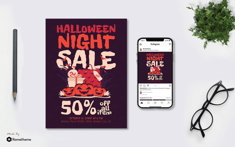 Download Фирменный стиль "Halloween Night Sale – Flyer &amp; Instagram Post" / Halloween Night Sale – Flyer &amp; Instagram Post - Фирменный стиль на тему графика banner,brochure,dark,design,discount,event,flyer,halloween,horror,invitation,night,party,print,promo,promotion,sale,scary,spooky