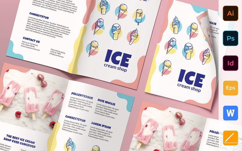 Download Фирменный стиль "Ice Cream Shop Brochure Bifold - Corporate Identity Template" / Ice Cream Shop Brochure Bifold - Corporate Identity Template - Фирменный стиль на тему графика brochure,bifold,template,corporate,company,branding,icecream,dessert,food,sweet,shop,foodie,yellow,blue,red