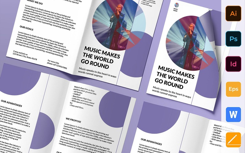 Download Фирменный стиль "Music Band Brochure Bifold - Corporate Identity Template" / Music Band Brochure Bifold - Corporate Identity Template - Фирменный стиль на тему графика brochure,bifold,template,corporate,company,branding,music,band,concert,singer,live,musician,white,blue,red