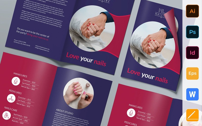 Download Фирменный стиль "Nail Studio Brochure Bifold - Corporate Identity Template" / Nail Studio Brochure Bifold - Corporate Identity Template - Фирменный стиль на тему графика brochure,bifold,template,corporate,company,branding,nail,studio,shop,salon,manicure,pedicure,blue,red,white
