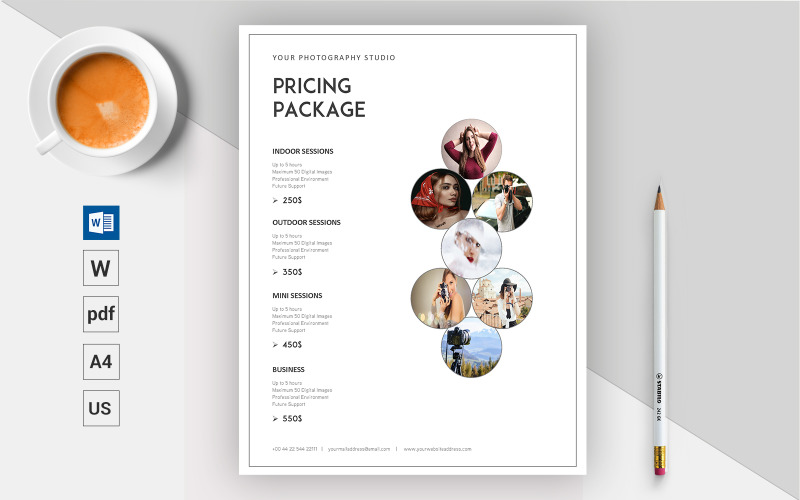 Download Фирменный стиль "Photography Pricing List - Corporate Identity Template" / Photography Pricing List - Corporate Identity Template - Фирменный стиль на тему графика microsoft word docx,pricing guide,photography,pricing template,price sheet,photographer,pricing list,pricing package,photography pricing,docx,a4 paper,us letter,editable,printable,minimal des