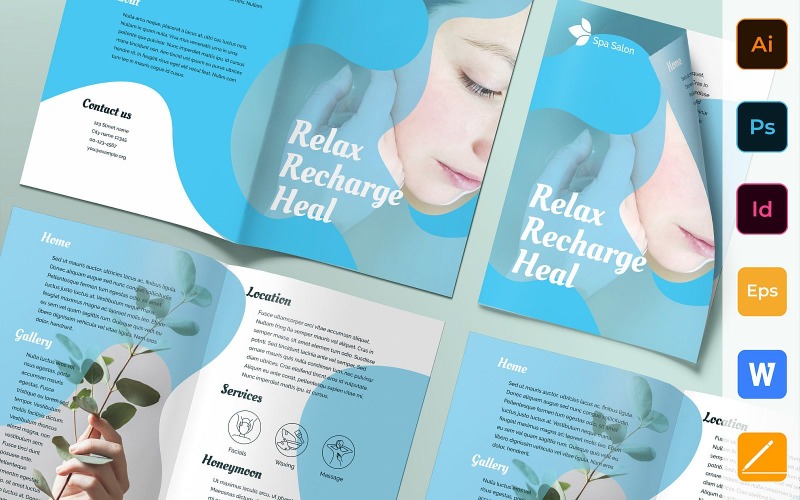 Download Фирменный стиль "Spa Salon Brochure Bifold - Corporate Identity Template" / Spa Salon Brochure Bifold - Corporate Identity Template - Фирменный стиль на тему графика brochure,bifold,template,corporate,company,branding,spa,salon,massage,relax,beauty,wellness,blue,green,white