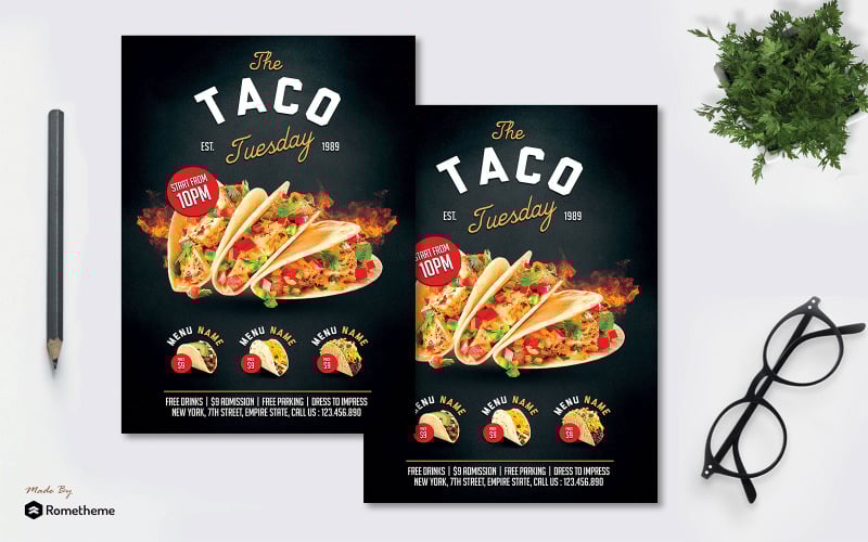 Download Фирменный стиль "Taco Tuesday - Flyer MR - Corporate Identity Template" / Taco Tuesday - Flyer MR - Corporate Identity Template - Фирменный стиль на тему графика taco,tuesday,food,cafe,restaurant,discount,sale,promotion,print,flyer,brochure,banner,culinary,business,3d