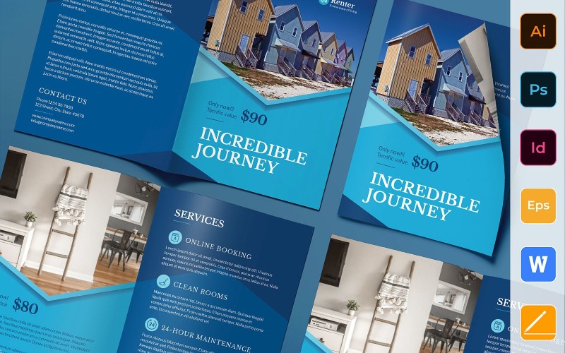 Download Фирменный стиль "Vacation Rental Brochure Bifold - Corporate Identity Template" / Vacation Rental Brochure Bifold - Corporate Identity Template - Фирменный стиль на тему графика brochure,bifold,template,corporate,company,branding,vacation,rental,travel,trip,booking,airbnb,blue,white,marine