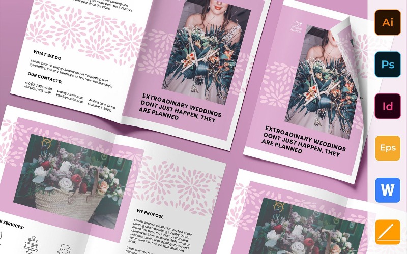 Download Фирменный стиль "Wedding Planner Brochure Bifold - Corporate Identity Template" / Wedding Planner Brochure Bifold - Corporate Identity Template - Фирменный стиль на тему графика brochure,bifold,template,corporate,company,branding,wedding,planner,event,bride,ideas,decor,pink,white,black