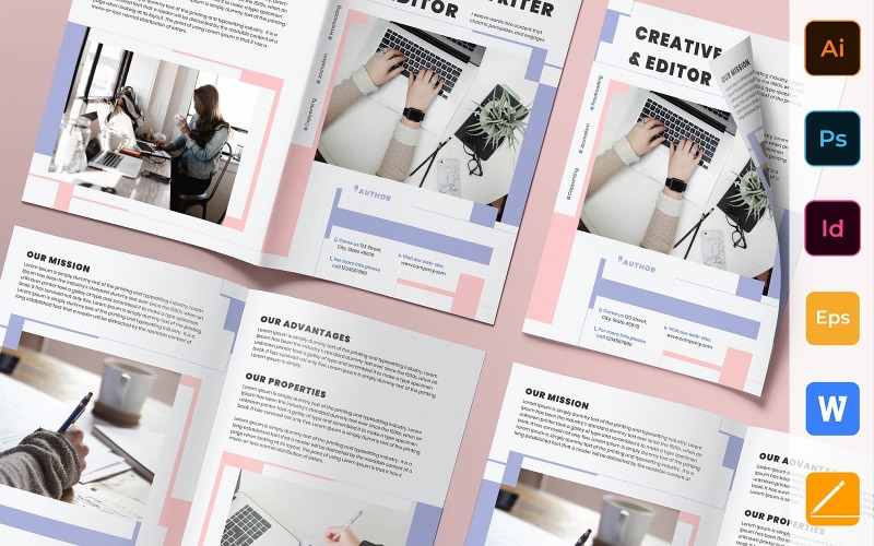 Download Фирменный стиль "Author Brochure Bifold - Corporate Identity Template" / Author Brochure Bifold - Corporate Identity Template - Фирменный стиль на тему графика brochure,bifold,template,corporate,company,branding,author,writer,editor,book,copywriter,journalist,white,purple,black