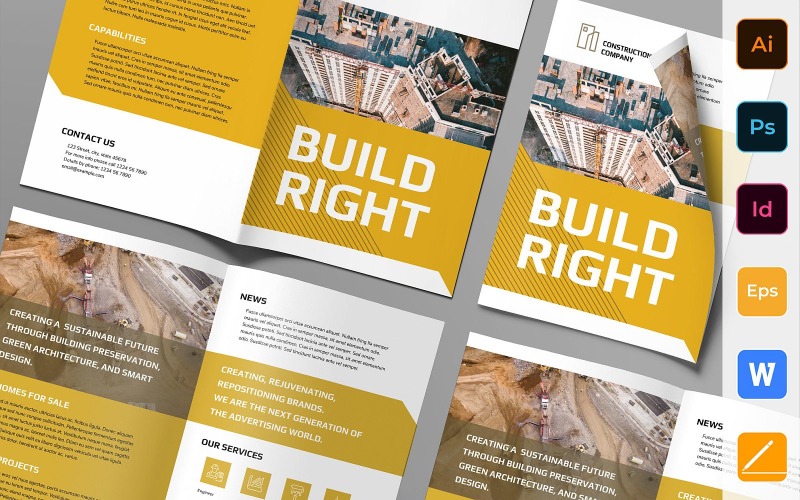 Download Фирменный стиль "Construction Company Brochure Bifold - Corporate Identity Template" / Construction Company Brochure Bifold - Corporate Identity Template - Фирменный стиль на тему графика brochure,bifold,template,corporate,company,branding,construction,building,industry,architecture,engineering,contractor,black,white,orange