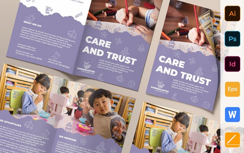 Download Фирменный стиль "Kindergarten Brochure Bifold - Corporate Identity Template" / Kindergarten Brochure Bifold - Corporate Identity Template - Фирменный стиль на тему графика brochure,bifold,template,corporate,company,branding,kindergarten,childcare,kid,kinder,children,school,gray,white,silver