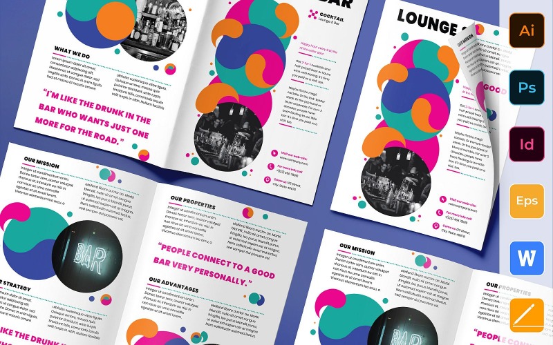 Download Фирменный стиль "Lounge Bar Brochure Bifold - Corporate Identity Template" / Lounge Bar Brochure Bifold - Corporate Identity Template - Фирменный стиль на тему графика brochure,bifold,template,corporate,company,branding,lounge,bar,relax,music,cafe,club,white,pink,orange