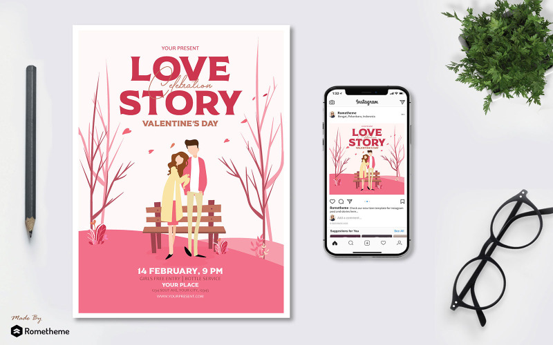 Download Фирменный стиль "Love Story Valentine's Day - Flyer AS - Corporate Identity Template" / Love Story Valentine's Day - Flyer AS - Corporate Identity Template - Фирменный стиль на тему графика love,story,flyer,banner,brochure,valentine,pink,woman,men,boy,girl,relationship,happy,event,moment,flower,rose