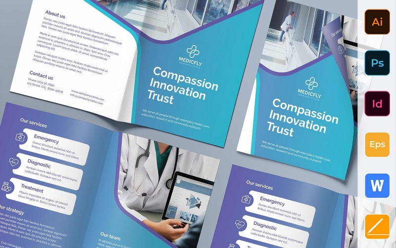 Download Фирменный стиль "Medical Clinic Brochure Bifold - Corporate Identity Template" / Medical Clinic Brochure Bifold - Corporate Identity Template - Фирменный стиль на тему графика brochure,bifold,template,corporate,company,branding,medical,clinic,health,medicine,doctor,healthcare,violet,white,blue