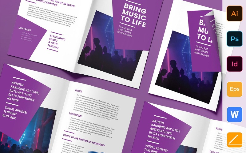 Download Фирменный стиль "Music Festival Brochure Bifold - Corporate Identity Template" / Music Festival Brochure Bifold - Corporate Identity Template - Фирменный стиль на тему графика brochure,bifold,template,corporate,company,branding,music,festival,event,party,entertainment,dance,song,sound,violet