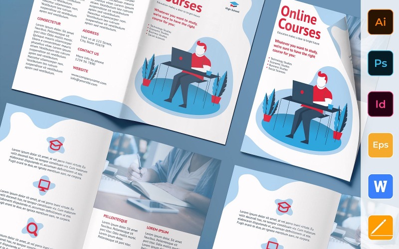 Download Фирменный стиль "Online Courses Brochure Bifold - Corporate Identity Template" / Online Courses Brochure Bifold - Corporate Identity Template - Фирменный стиль на тему графика brochure,bifold,template,corporate,company,branding,online,course,study,education,learning,training,white,blue,red