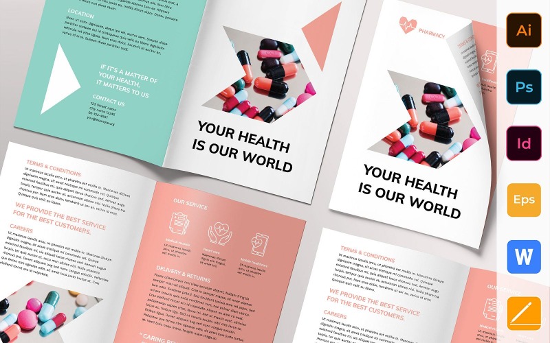 Download Фирменный стиль "Pharmacy Brochure Bifold - Corporate Identity Template" / Pharmacy Brochure Bifold - Corporate Identity Template - Фирменный стиль на тему графика brochure,bifold,template,corporate,company,branding,pharmacy,drugstore,chemistry,medicine,cure,remedy,white,green,pastel