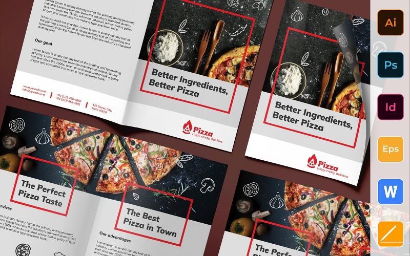 Download Фирменный стиль "Pizza Brochure Bifold - Corporate Identity Template" / Pizza Brochure Bifold - Corporate Identity Template - Фирменный стиль на тему графика brochure,bifold,template,corporate,company,branding,pizza,food,fastfood,pizzeria,restaurant,cafe,red,grey,black