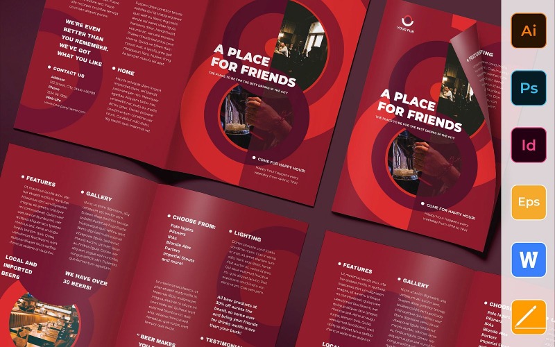 Download Фирменный стиль "Pub Brochure Bifold - Corporate Identity Template" / Pub Brochure Bifold - Corporate Identity Template - Фирменный стиль на тему графика brochure,bifold,template,corporate,company,branding,pub,bar,beer,drink,friends,restaurant,red,white,burgundy