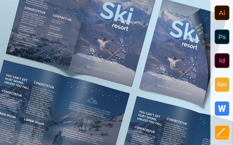 Download Фирменный стиль "Ski Resort Brochure Bifold - Corporate Identity Template" / Ski Resort Brochure Bifold - Corporate Identity Template - Фирменный стиль на тему графика brochure,bifold,template,corporate,company,branding,ski,resort,holidays,vacation,sport,travel,white,blue,black