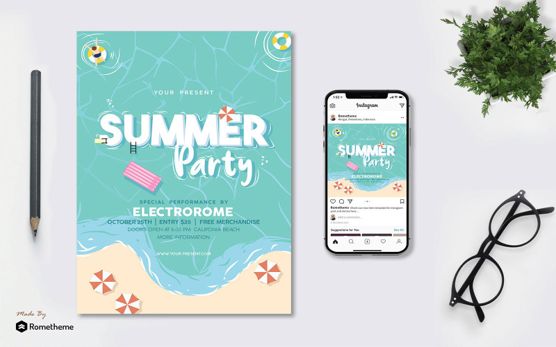 Download Фирменный стиль "Summer Party - Flyer AS - Corporate Identity Template" / Summer Party - Flyer AS - Corporate Identity Template - Фирменный стиль на тему графика banner,beach,blue,brochure,business,design,event,flyer,night,ocean,party,pink,print,promotion,sand,summer,umbrella,world