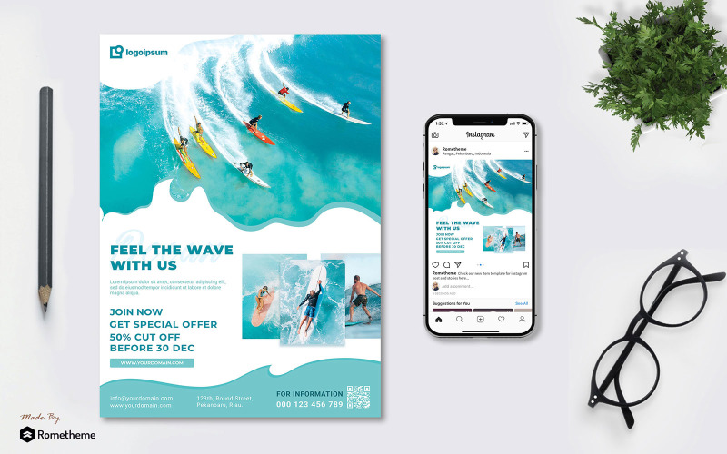 Download Фирменный стиль "Surfing Lesson vol.01 - Flyer TY - Corporate Identity Template" / Surfing Lesson vol.01 - Flyer TY - Corporate Identity Template - Фирменный стиль на тему графика promotion,banner,print,design,surfing,beach,coach,vacation,holiday,invitation