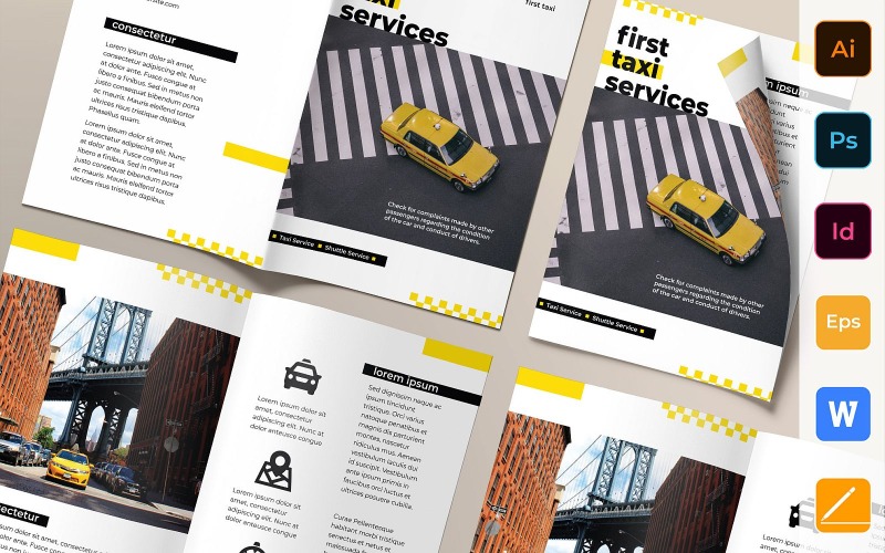 Download Фирменный стиль "Taxi Service Brochure Bifold - Corporate Identity Template" / Taxi Service Brochure Bifold - Corporate Identity Template - Фирменный стиль на тему графика brochure,bifold,template,corporate,company,branding,taxi,service,transport,driver,cab,passenger,white,gray,orange