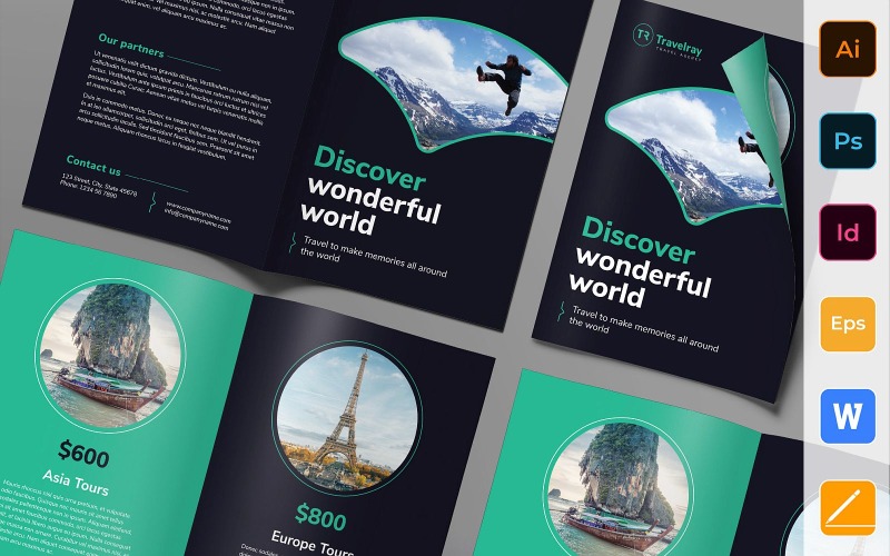 Download Фирменный стиль "Tours and Travels Brochure Bifold - Corporate Identity Template" / Tours and Travels Brochure Bifold - Corporate Identity Template - Фирменный стиль на тему графика brochure,bifold,template,corporate,company,branding,tour,travel,trip,holidays,vacation,agency,tourism,black,green