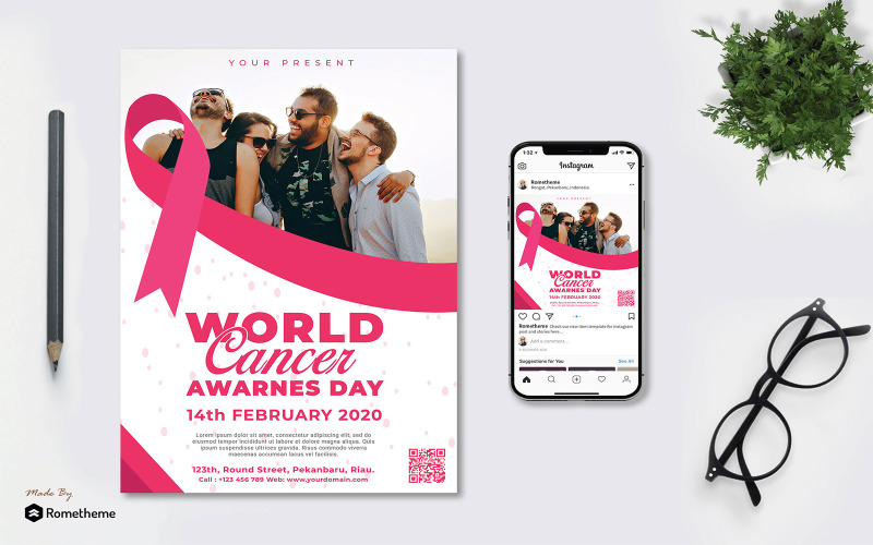 Download Фирменный стиль "World Cancer Day vol.01 - Flyer TY - Corporate Identity Template" / World Cancer Day vol.01 - Flyer TY - Corporate Identity Template - Фирменный стиль на тему графика banner,business,cancer,care,charity,day,design,event,invitation,lifestyle,pink,print,promotion,white,world