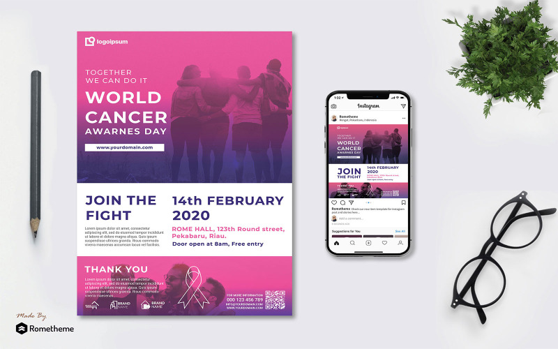 Download Фирменный стиль "World Cancer Day vol.02 - Flyer TY - Corporate Identity Template" / World Cancer Day vol.02 - Flyer TY - Corporate Identity Template - Фирменный стиль на тему графика banner,business,cancer,care,charity,day,design,event,invitation,lifestyle,pink,print,promotion,white,world