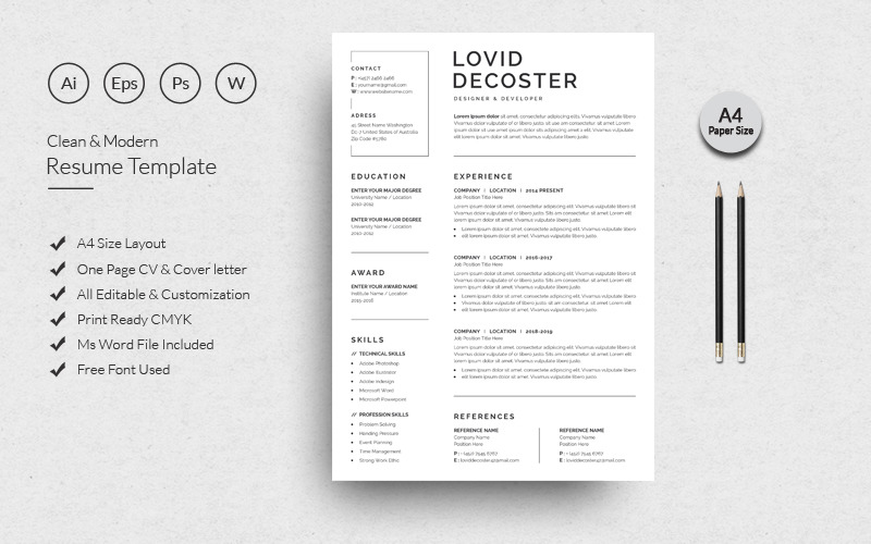 Download Резюме "Clean Decoster Resume Template" / Clean Decoster Resume Template - Резюме на тему графика resume,cv,clean resume,creative resume,word resume,infographic resume,modern resume,professional resume,student resume,resume mac pages,manager cv template,bankers resume,doctors resume,job s