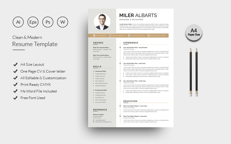 Download Резюме "Clean Miler Resume Template" / Clean Miler Resume Template - Резюме на тему графика resume,cv,clean resume,creative resume,word resume,infographic resume,modern resume,professional resume,student resume,resume mac pages,manager cv template,bankers resume,doctors resume,job s