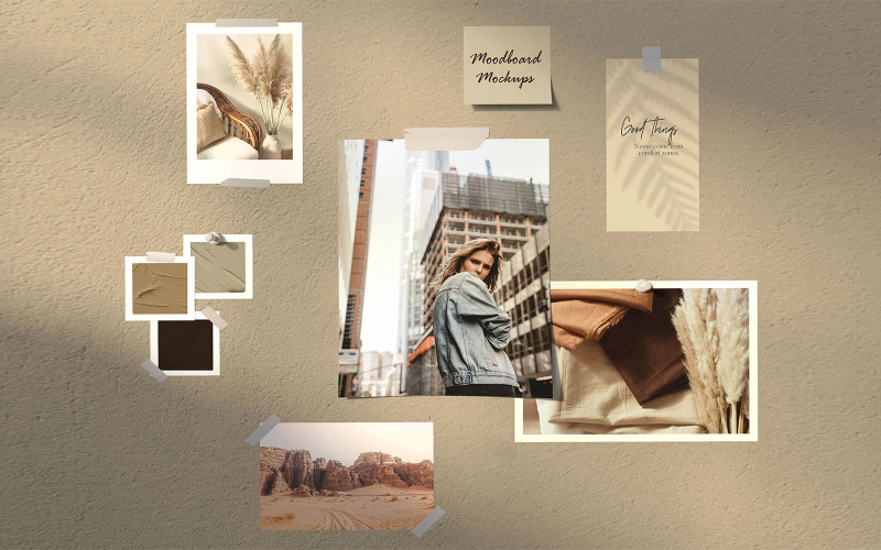 Download Мокап для продукта "Mood Board vol.01 - VR product mockup" / Mood Board vol.01 - VR product mockup - Мокап для продукта на тему графика mockup,mockups,template,psd,creative,3d,display,soft,screen,moodboard,wall,green,brown