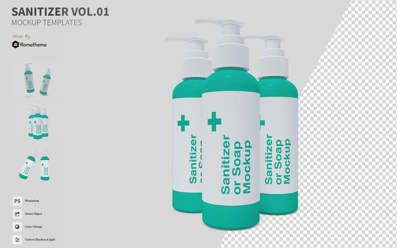 Download Мокап для продукта "Sanitizer Bottle vol.01 - VR product mockup" / Sanitizer Bottle vol.01 - VR product mockup - Мокап для продукта на тему графика sanitizer,bottle,soap,mockup,mockups,template,psd,creative,3d,display,screen,product,smartobject