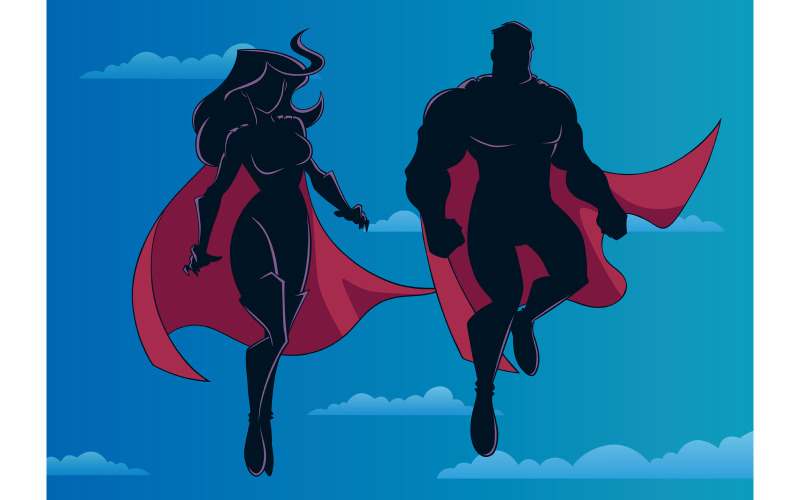 Couple de super-héros volant dans la silhouette du ciel - Illustration