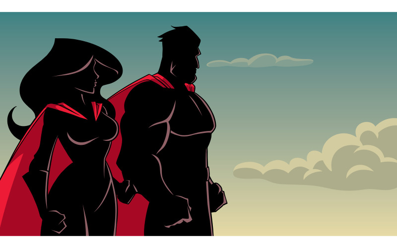 Pareja de superhéroes de pie juntos silueta - ilustración