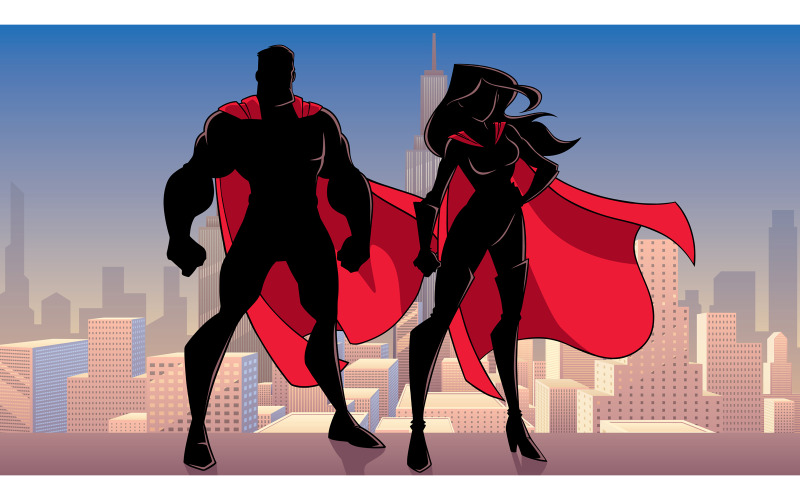 Pareja de superhéroes de pie siluetas de la ciudad - Ilustración