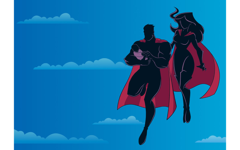 Download Иллюстрация "Super Dad Mom and Baby Sky Silhouette - Illustration" / Super Dad Mom and Baby Sky Silhouette - Illustration - Иллюстрация на тему графика man,hero,super,superhero,father,baby,newborn,child,silhouette,son,daughter,dad,daddy,heroine,superheroine,mother,mom,mum,mummy,woman