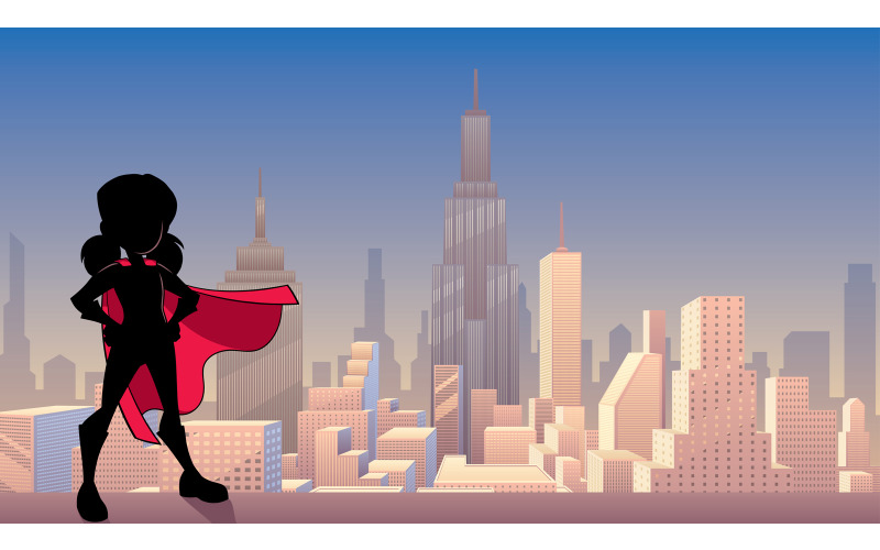 Download Иллюстрация "Super Girl City Silhouette - Illustration" / Super Girl City Silhouette - Illustration - Иллюстрация на тему графика hero,super,girl,heroine,superheroine,child,power,powerful,superhero,cape,costume,illustration,vector,cartoon,character,female,girl power,city,cityscape,skyline